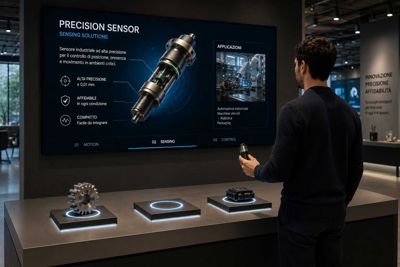 Espositore interattivo showroom corporate, dettaglio prodotto attivato