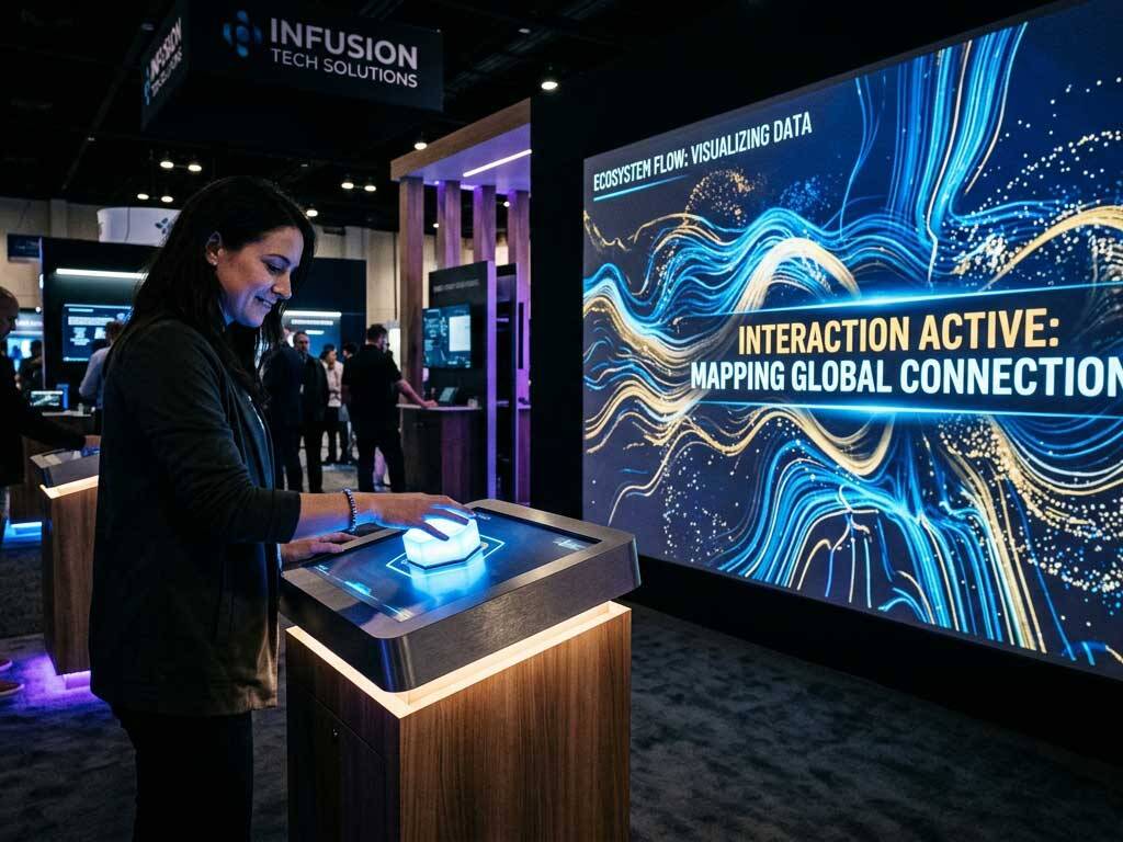 Visitatrice interagisce con un dispositivo sensorizzato mentre un grande schermo visualizza dati e connessioni in tempo reale.