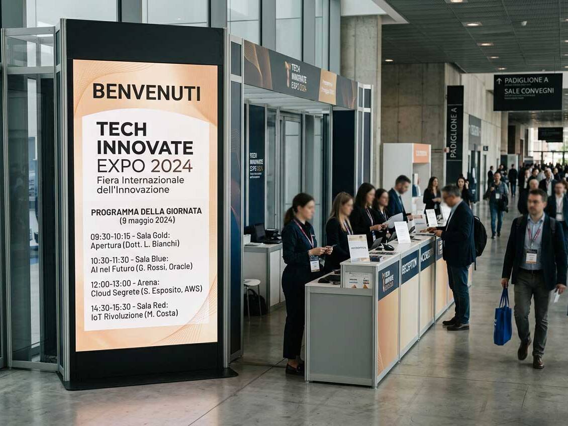 Il totem accompagna il visitatore fin dall’ingresso con benvenuto, programma, appuntamenti e indicazioni operative.
