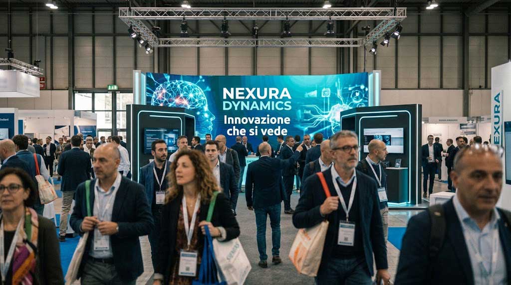 LED wall stand fiera visto da lontano nel corridoio