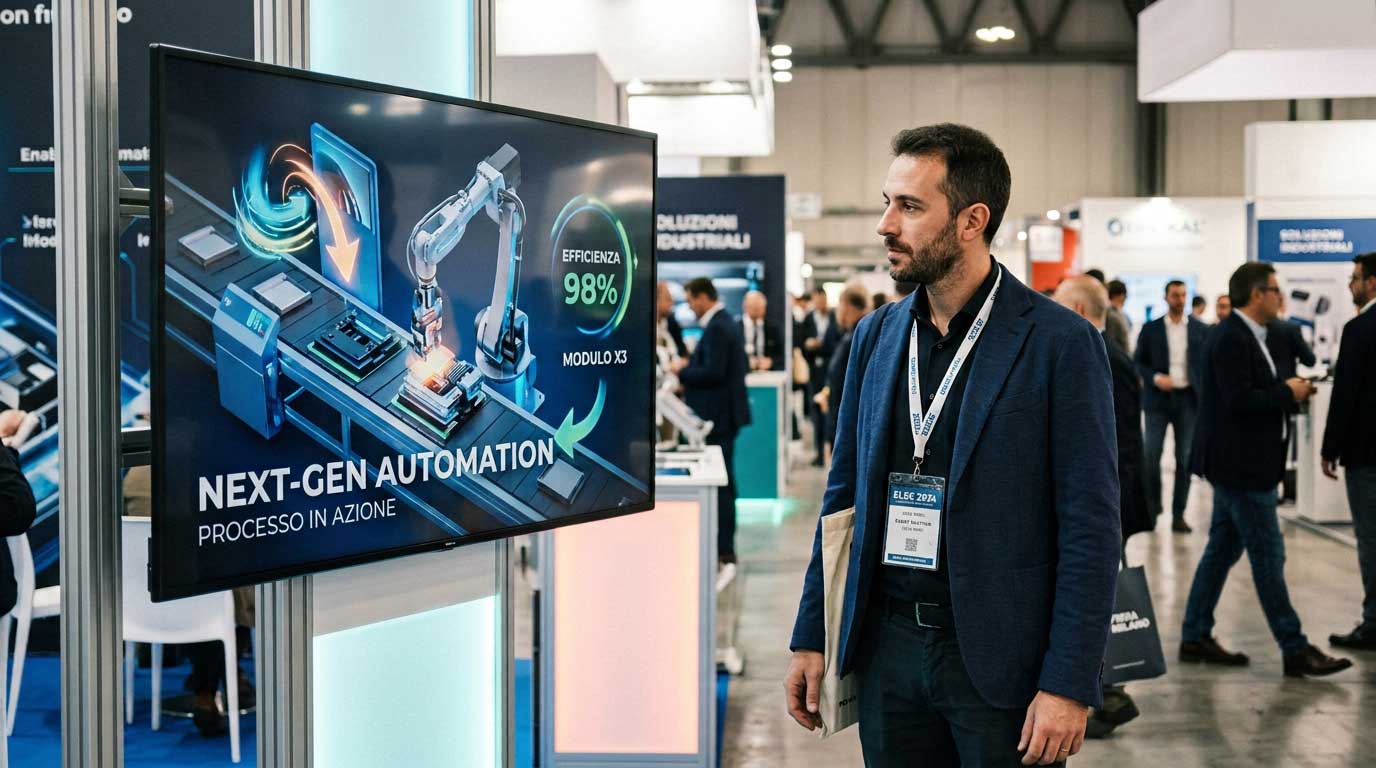 Visitatore fermo davanti allo stand, animazione sullo schermo