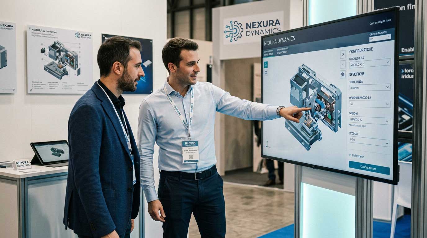 Commerciale spiega un prodotto interattivo su touchscreen al visitatore