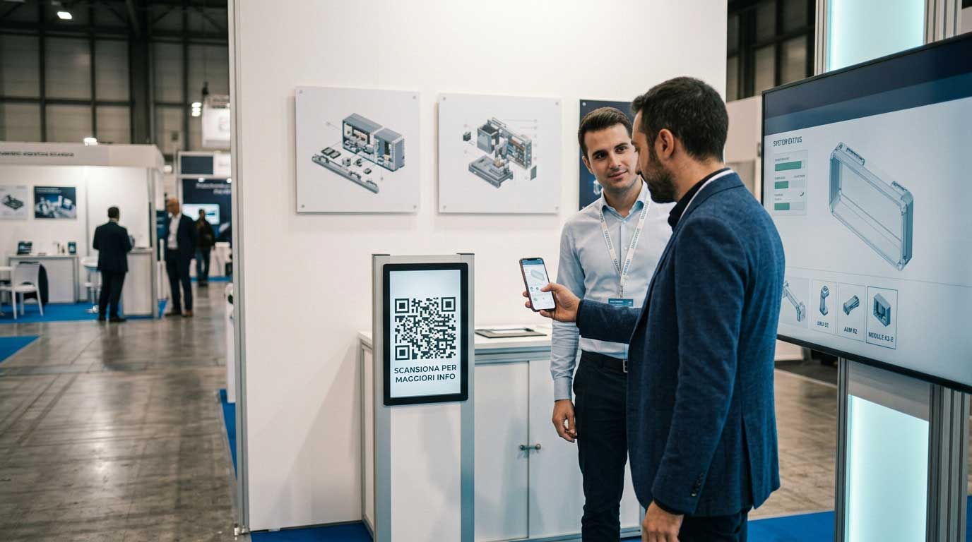 Visitatore scansiona QR code su schermo stand per lasciare un contatto