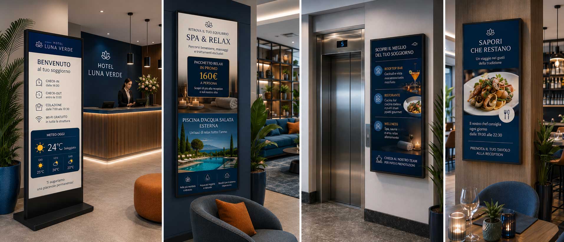 Schermi digitali in hotel tra reception, lobby, aree comuni e servizi per gli ospiti
