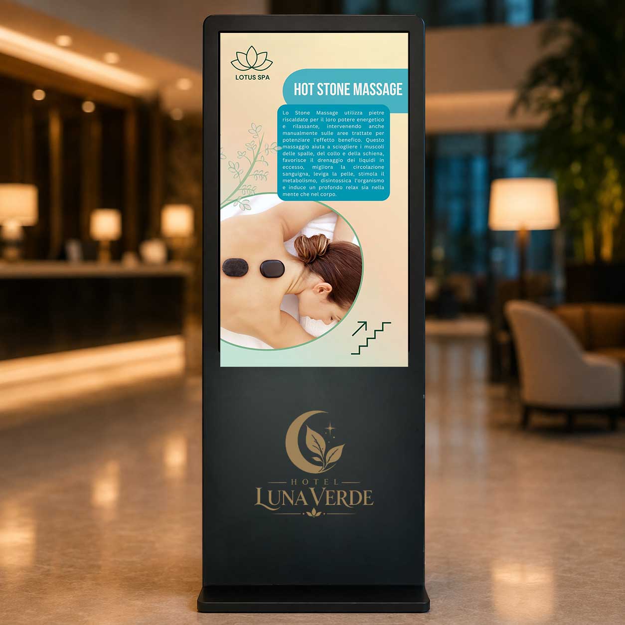 Schermo con promozione spa e aperitivo, luce serale