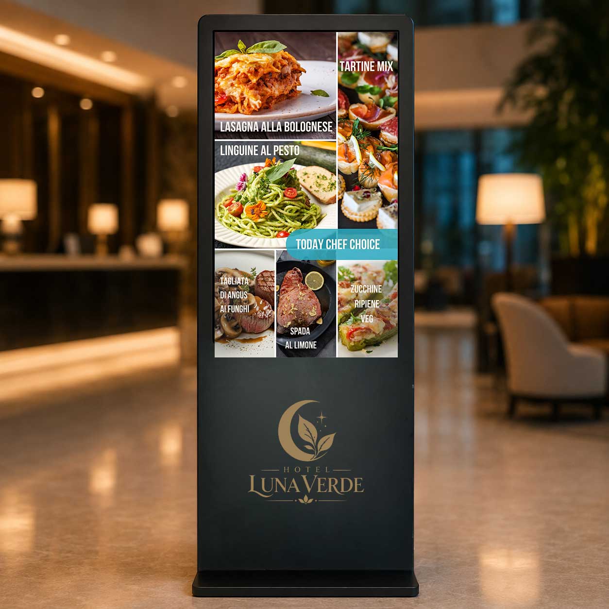 Schermo con menu ristorante ed evento serale