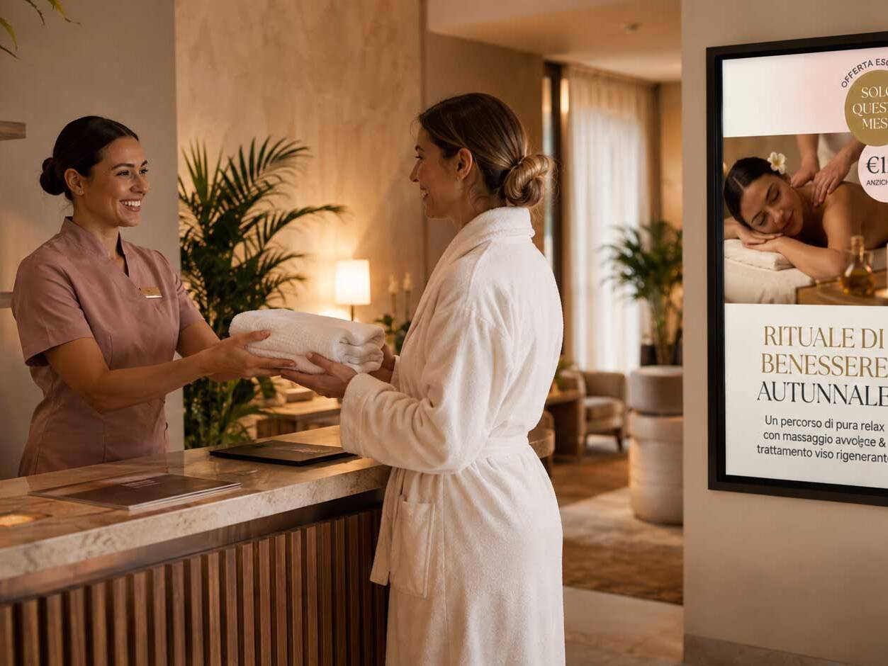 Ospite alla reception di una spa in hotel accanto a uno schermo digitale che promuove un rituale di benessere autunnale con prezzo speciale.
