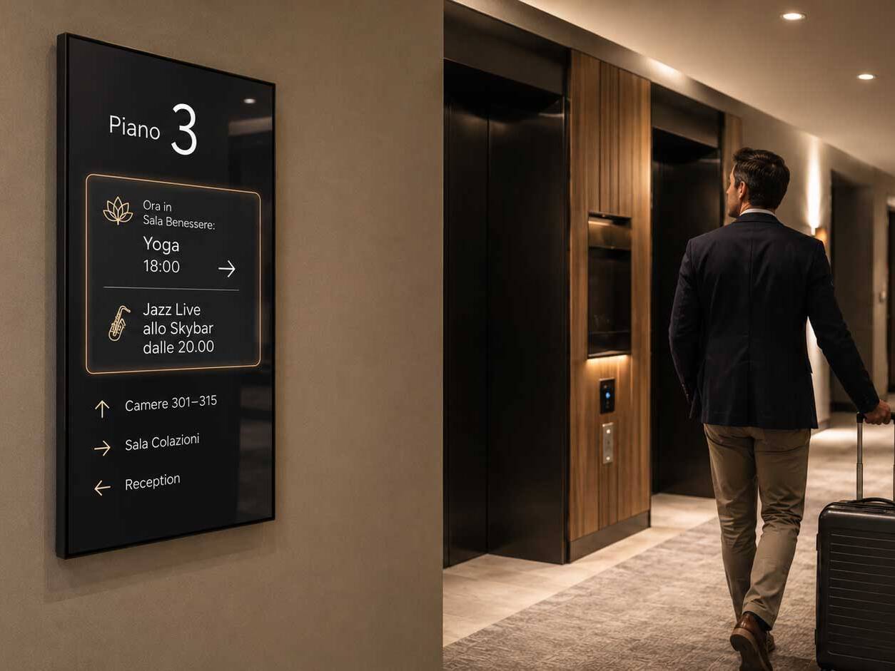 Schermo verticale nel corridoio di un hotel che indica piano, camere, reception, sala colazioni e attività come yoga e musica dal vivo.