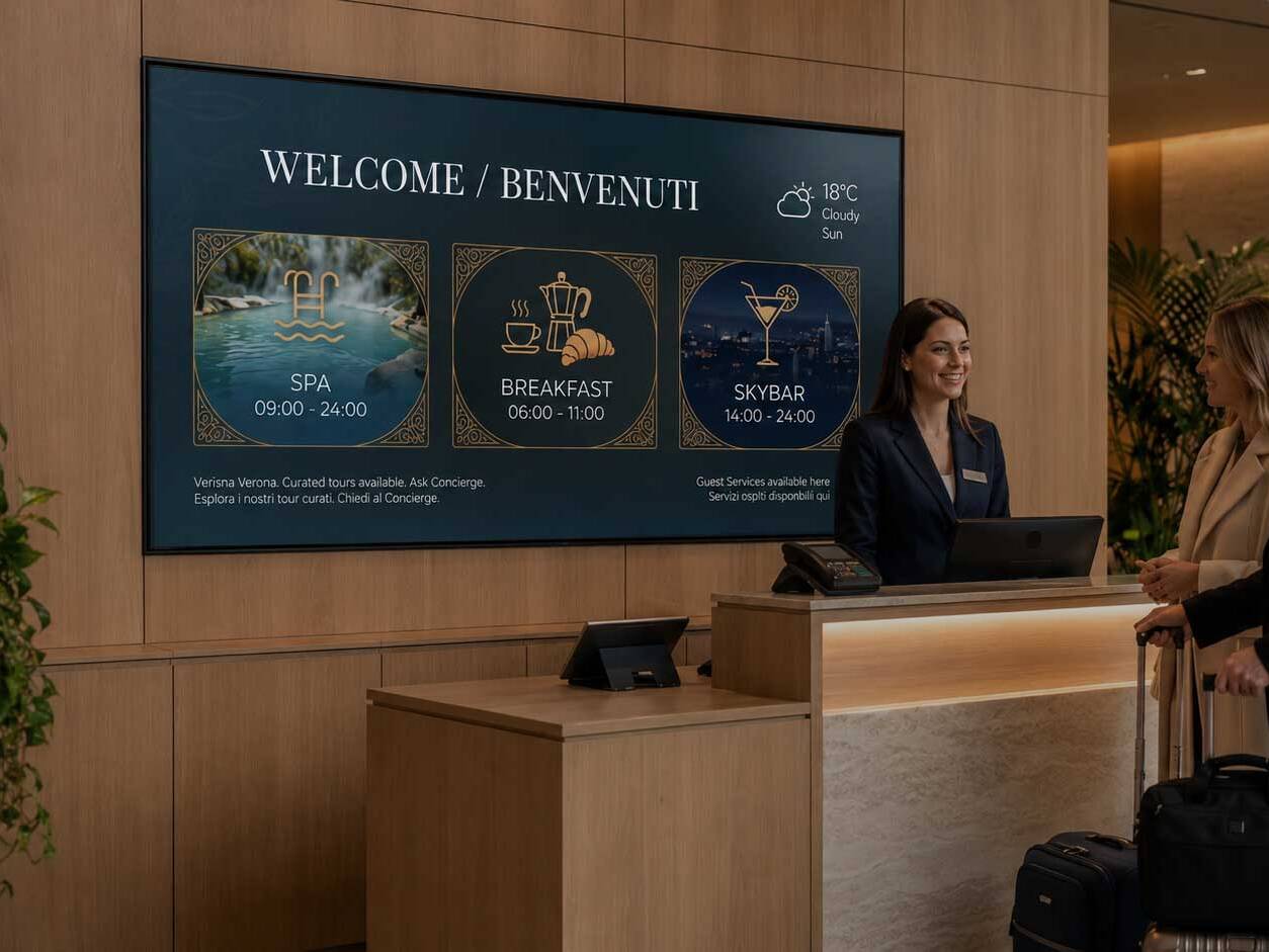 Grande schermo digital signage nella reception di un hotel che mostra messaggio di benvenuto, spa, colazione, skybar e meteo.