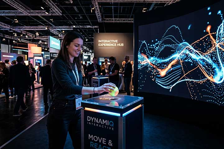 Visitatrice interagisce con una postazione sensorizzata in fiera mentre un grande schermo visualizza contenuti grafici dinamici.
