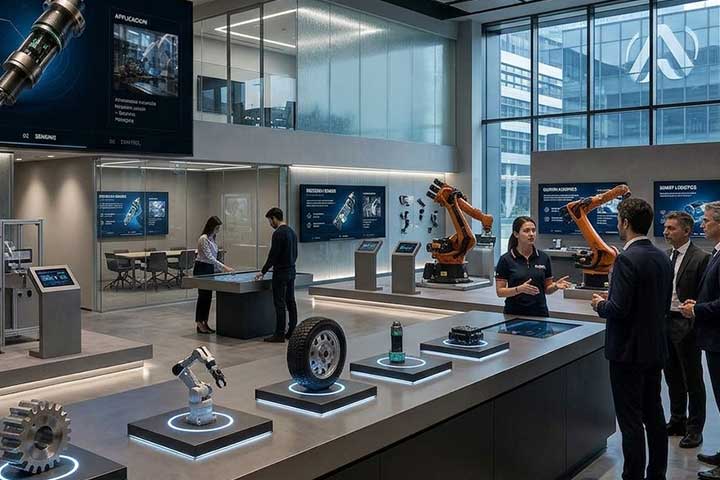 Showroom corporate con componenti industriali, bracci robotici, touchscreen ed espositori interattivi utilizzati durante una presentazione aziendale.