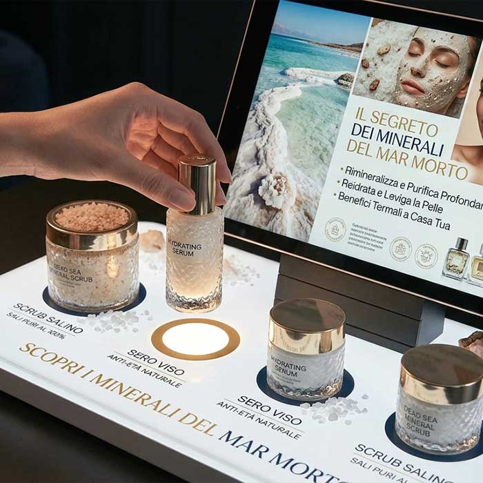 Espositore interattivo beauty con cosmetici ai minerali del Mar Morto e schermo digitale che mostra benefici, ingredienti e informazioni sul prodotto selezionato.