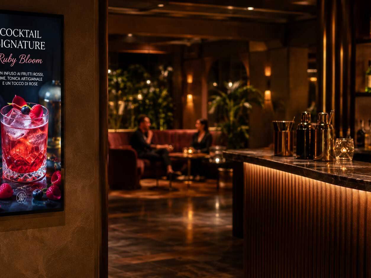 Schermo verticale digital signage in un cocktail bar che presenta un cocktail signature con immagine, ingredienti e grafica promozionale.