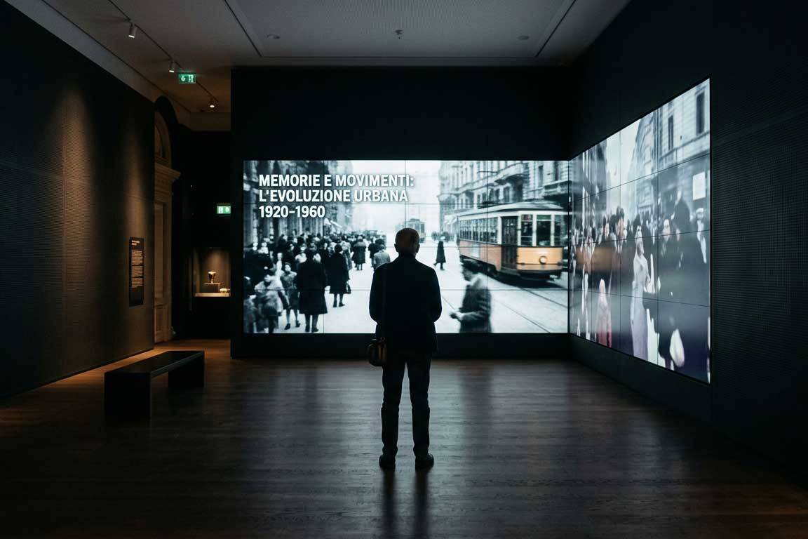 Allestimento multimediale immersivo in un museo con grandi schermi che raccontano contenuti storici ai visitatori