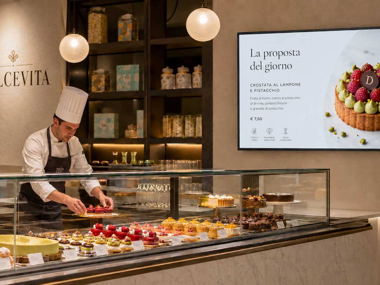 Schermo digitale in una pasticceria che presenta la proposta del giorno con foto del dolce, descrizione e prezzo.