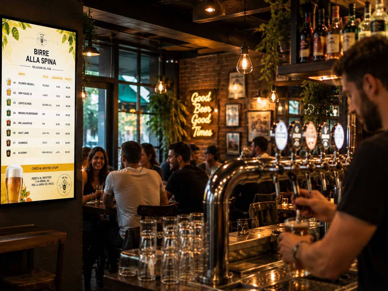 Display verticale digital signage in un pub che mostra la selezione di birre alla spina con tipologia, gradazione e prezzo.