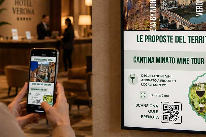 Ospite in hotel scansiona con lo smartphone un QR code mostrato su uno schermo digitale con proposta di wine tour e attivit&agrave; locali.