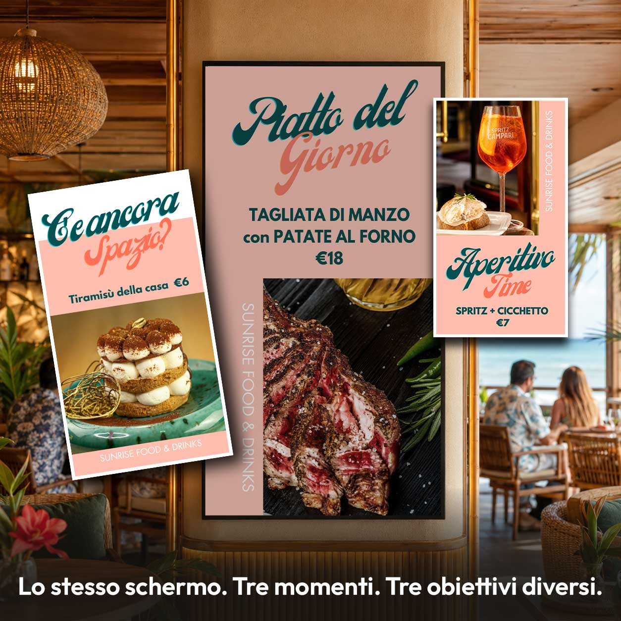 Schermo con piatto del giorno, dessert e aperitivo in rotazione oraria