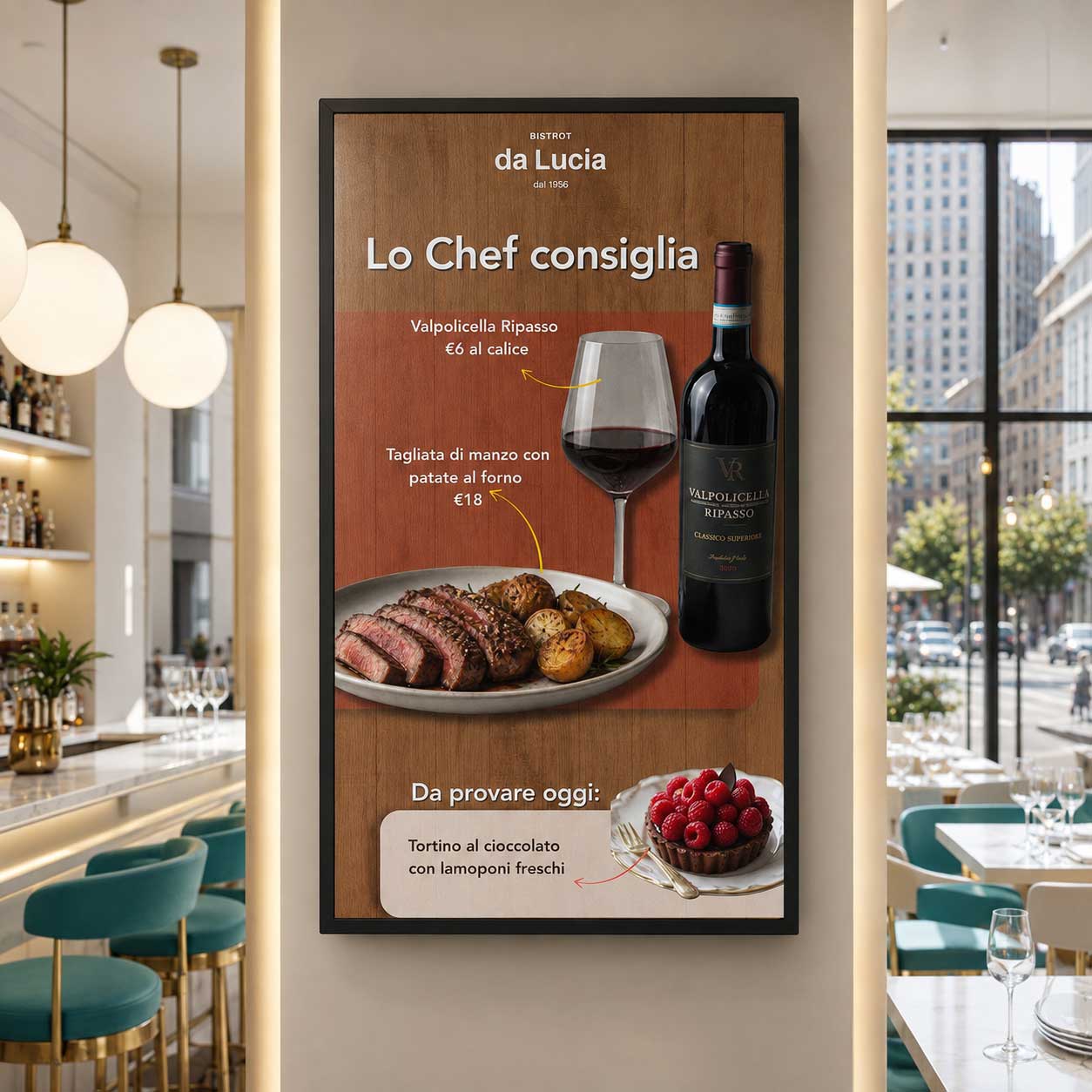 Schermo con il consiglio dello chef e abbinamento vino