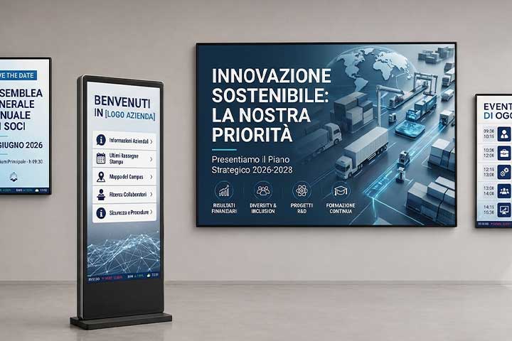 Soluzioni digital signage per aziende con totem di benvenuto, grande schermo corporate e display informativi dedicati a eventi e comunicazioni interne.