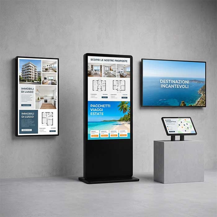 Soluzioni digital signage per agenzie e servizi al pubblico: schermi per annunci immobiliari, proposte di viaggio e informazioni interattive.