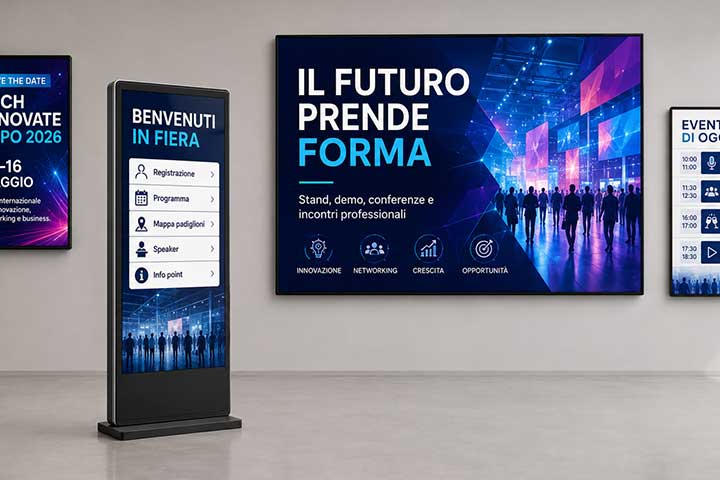 Soluzioni digital signage per fiera con totem di benvenuto, poster evento, grande schermo promozionale e display con programma della giornata.