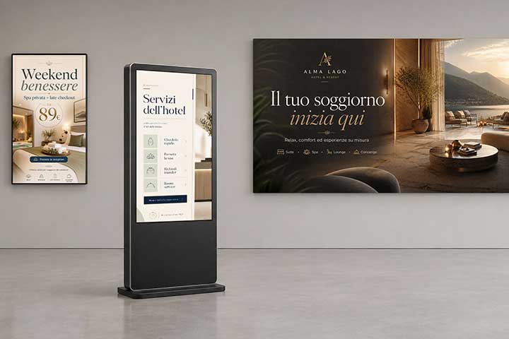 Tre soluzioni digital signage per hotel: schermo verticale con offerta benessere, totem con servizi dell&rsquo;hotel e grande display orizzontale con messaggio di benvenuto.
