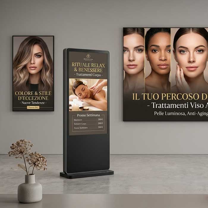 Soluzioni digital signage per centro salute e bellezza con monitor verticale, totem promozionale e grande schermo dedicati a trattamenti viso, corpo e hair styling.