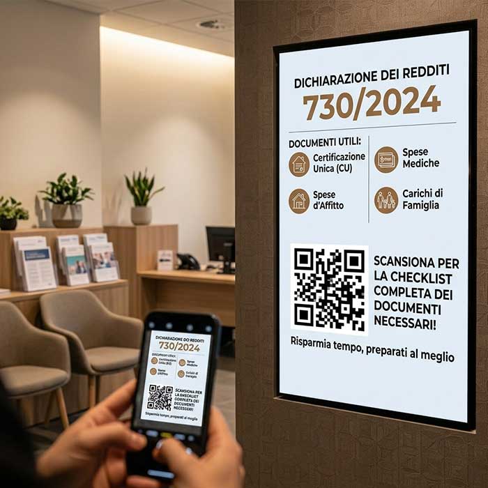 Schermo digitale in un centro servizi che mostra informazioni sul modello 730, documenti necessari e QR code consultato tramite smartphone.