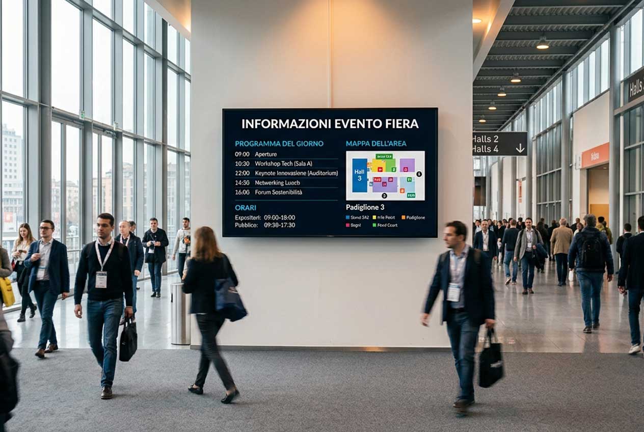 Schermo di benvenuto con programma evento in reception fiera