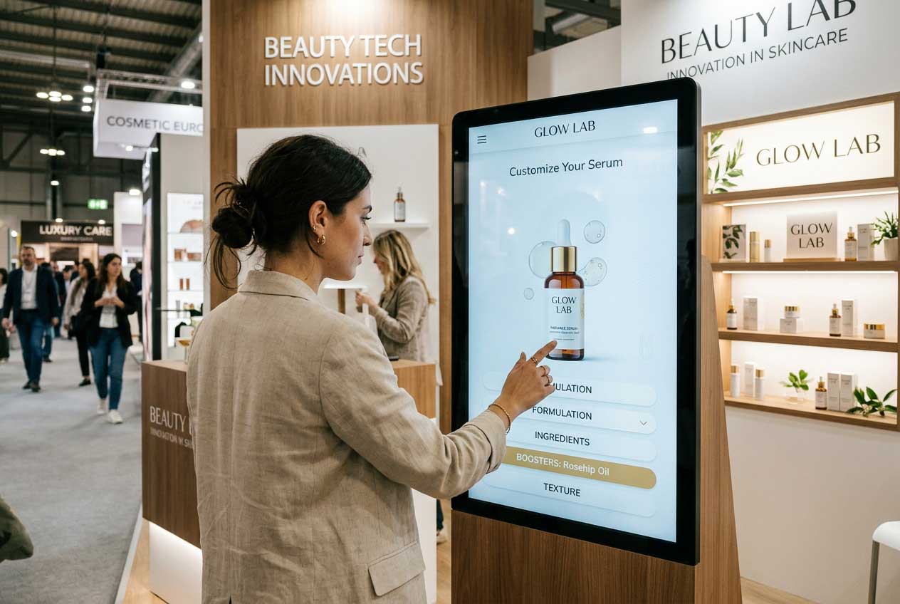 Visitatore interagisce con touchscreen demo prodotto in stand fieristico