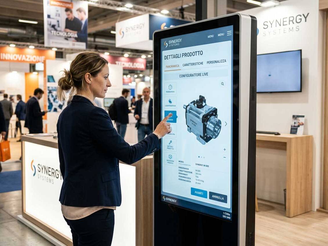 Visitatrice utilizza un totem touchscreen in uno stand fieristico per configurare e approfondire un prodotto tecnico.